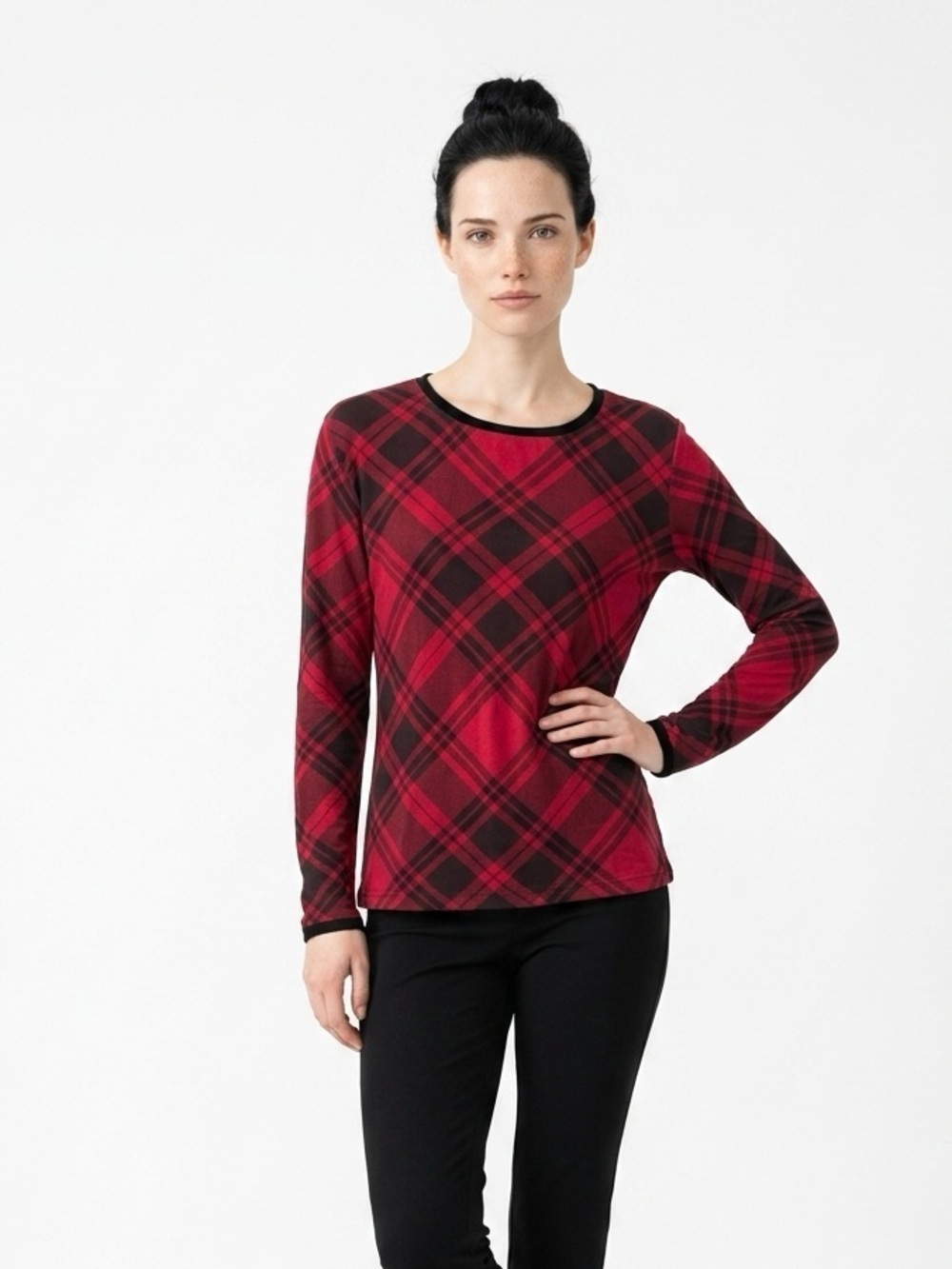 Pendleton Petite Red Black Plaid Long Sleeve Top Velvet Trim Large Petite 338